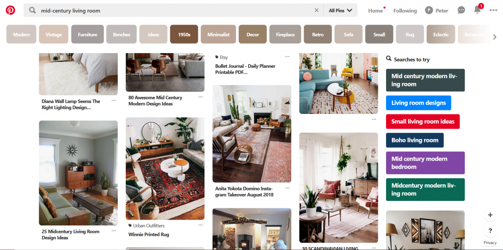 A screenshot of Pinterest showing various mid-century modern living room and rugs