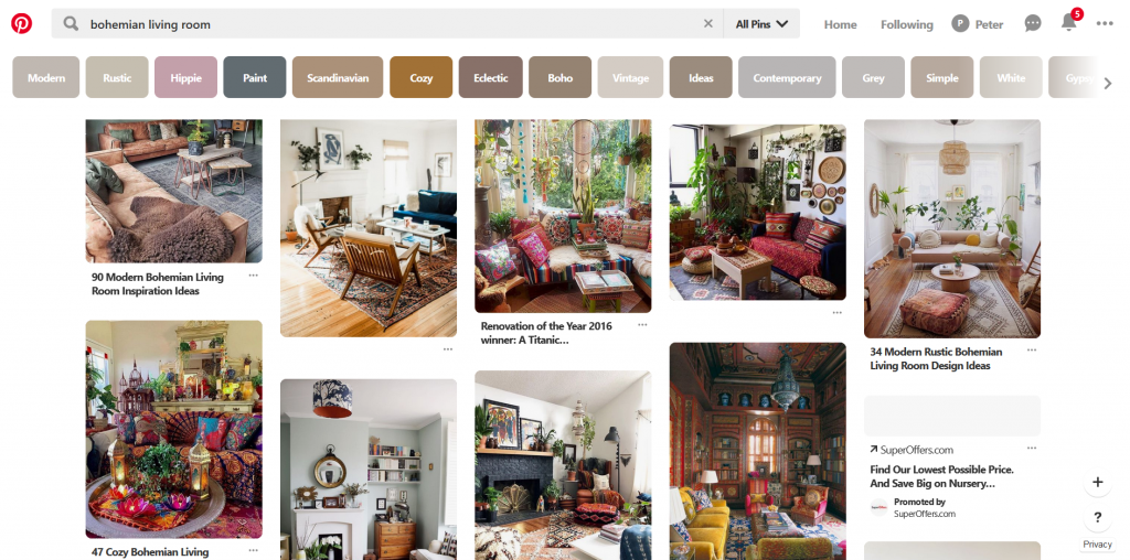 A screenshot of Pinterest showing various Bohemian living room and rugs