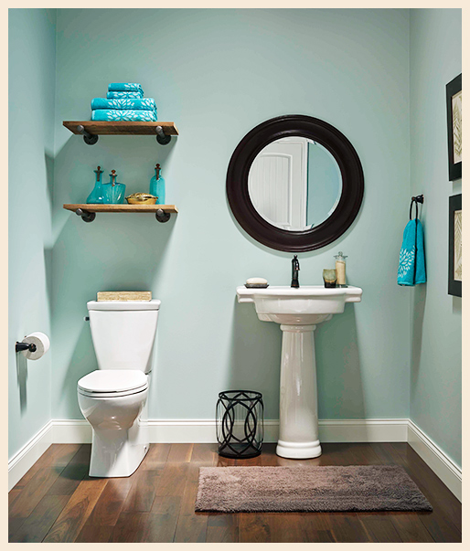 a bathroom setting showing toilet and basin with a coastal design inspired color and accessories