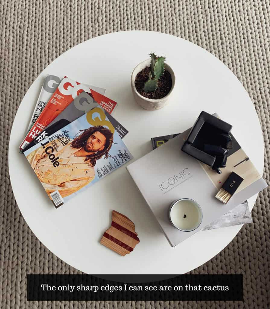 image from above a circular table showing magazines and plants on the table
