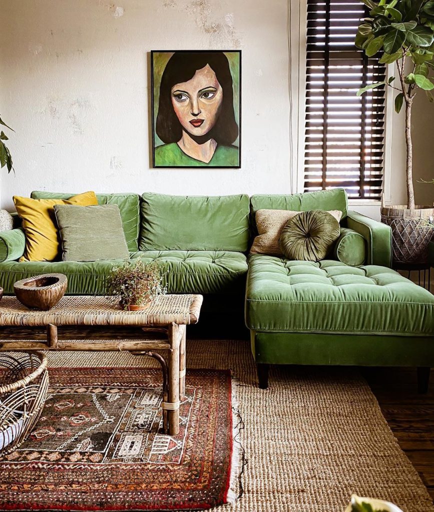 Jute rug with green velvet sofa