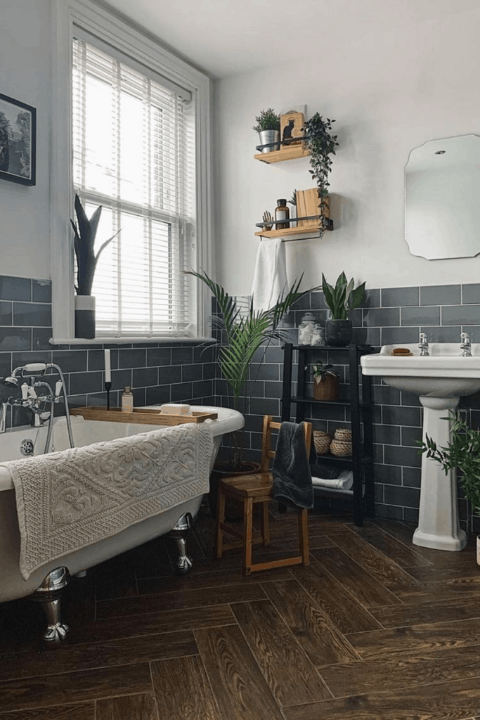 Victorian bathroom with herringbone floor