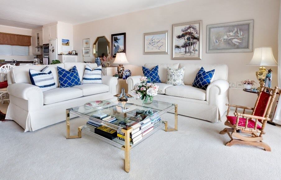 white gray and blue living room