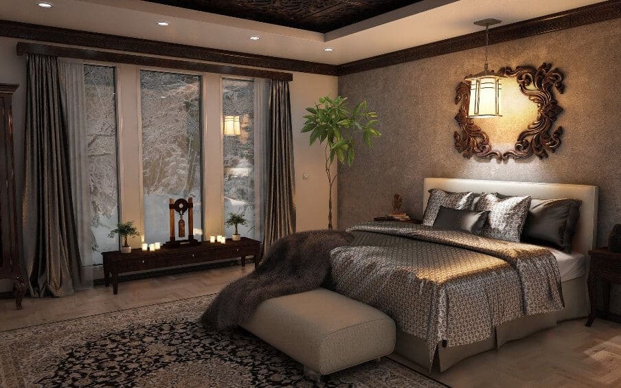 ornate looking bedroom setting with area rug in front in rich color scheme