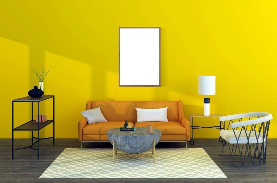 Yellow living room setting with area rug