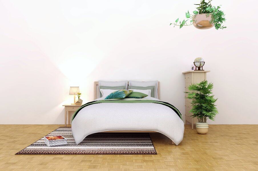 bedroom scene set against a pale colored wall background