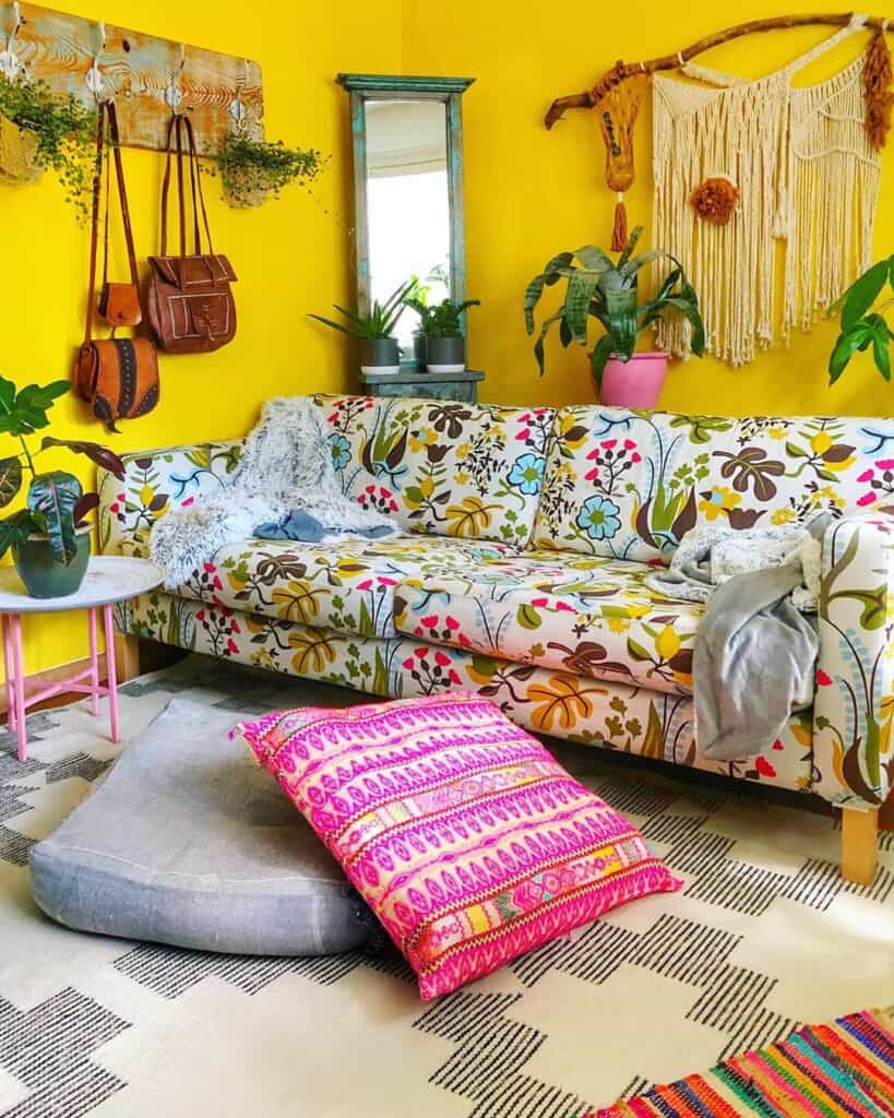floral sofa with yellow walls