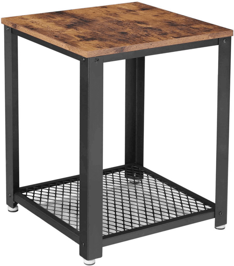 a metal and wood nightstand in an industrial style