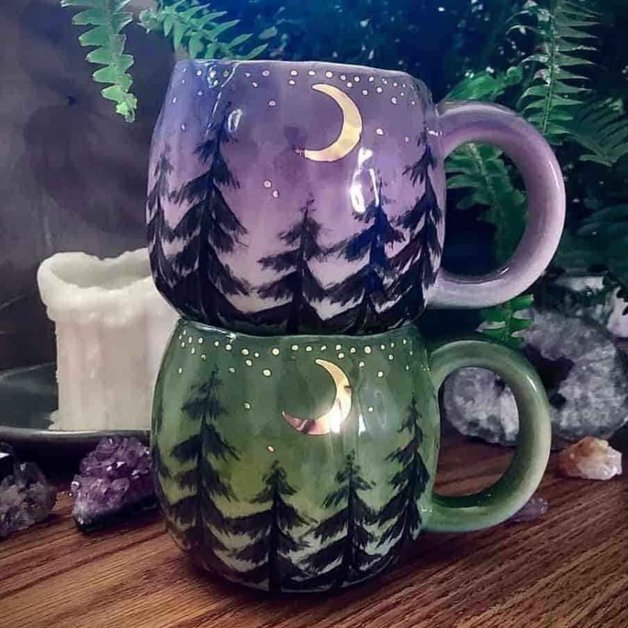 cups with moon and forest